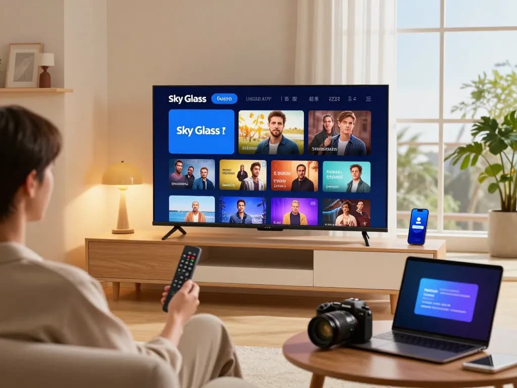 Sky Glass IPTV Updated APP 2026 showcased on a stylish smart TV in a cozy living room setting, illustrating vibrant streaming features and user-friendly interface.