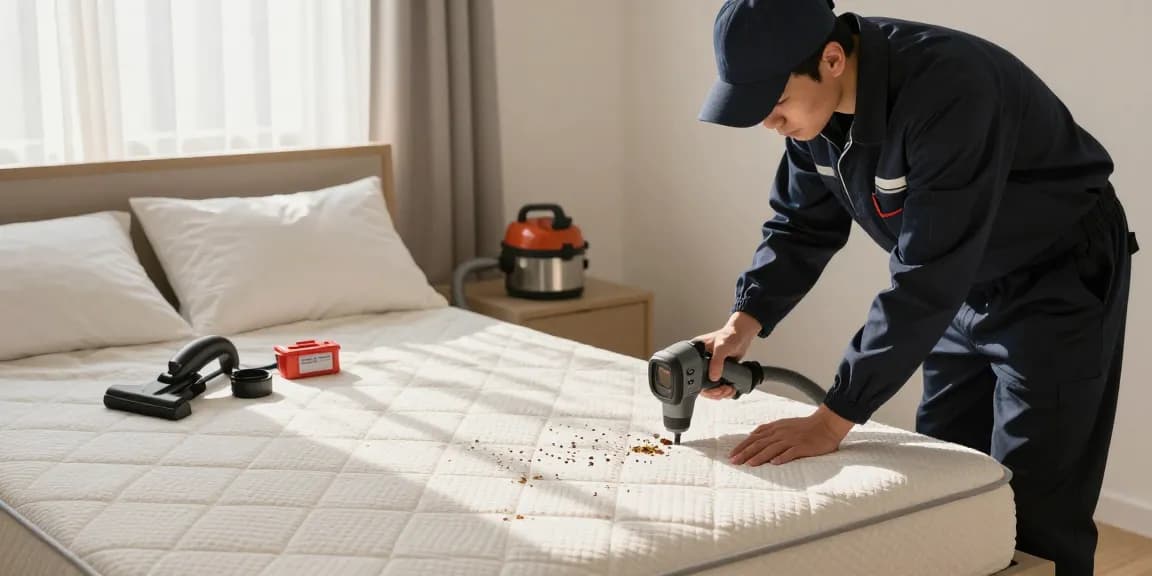 Effective bed bug control in a serene bedroom with a technician inspecting for pests.