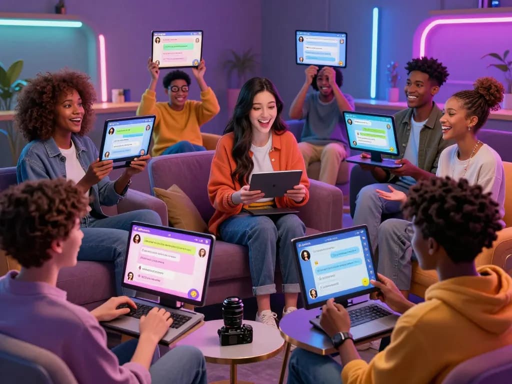 Engaging users enjoying NSFW AI chat with custom characters in a vibrant digital lounge.