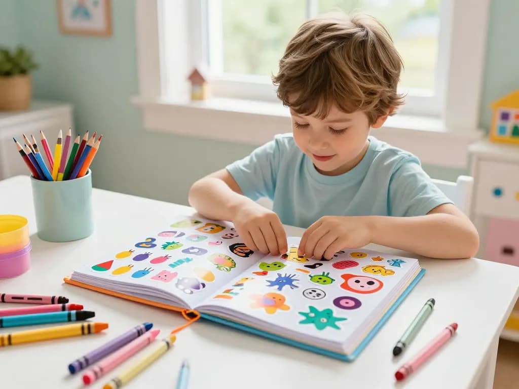 Child using a reusable sticker book, surrounded by vibrant art supplies, showcasing creativity.