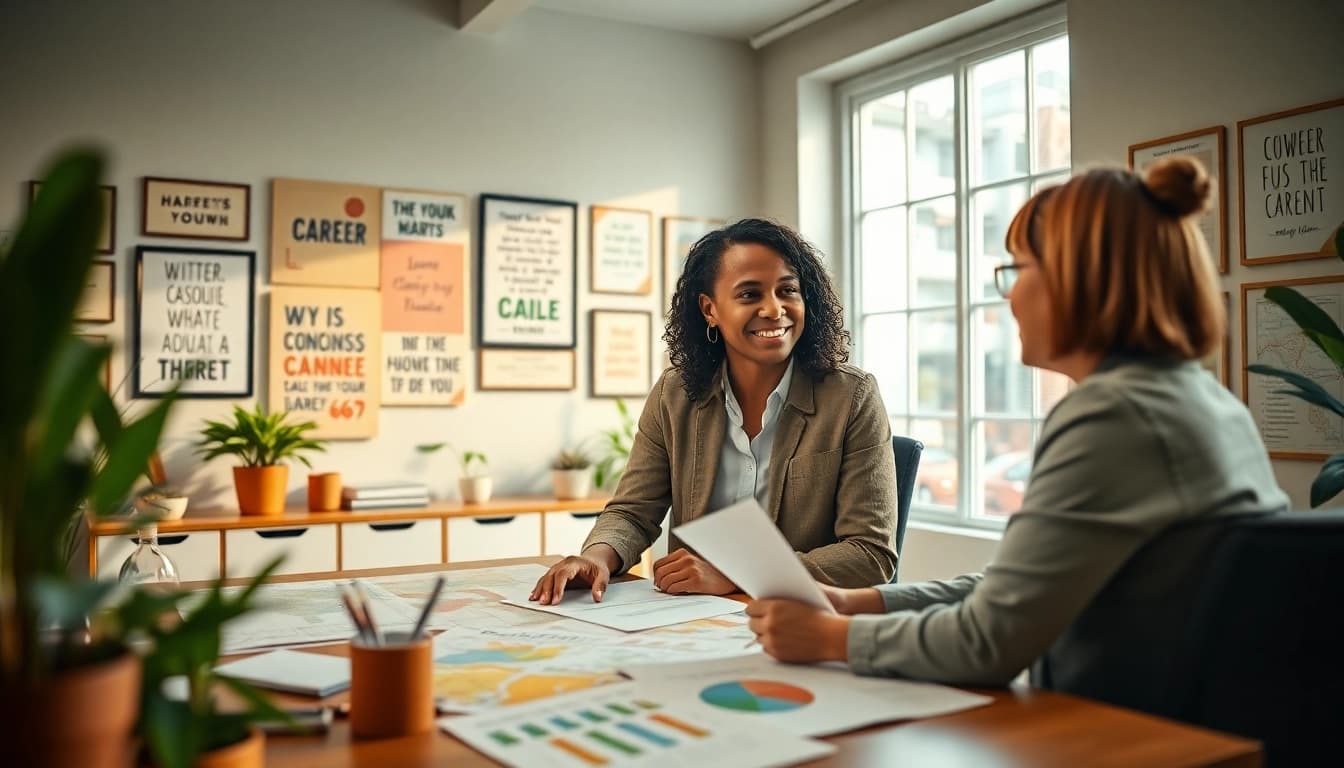Learn how to find my perfect career with a life coach in an inspiring office environment.