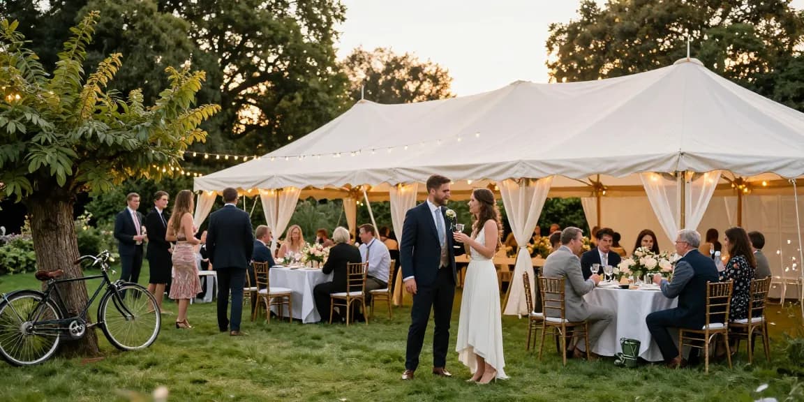 Elegant marquee hire London for a wedding celebration set in a lush garden during golden hour.