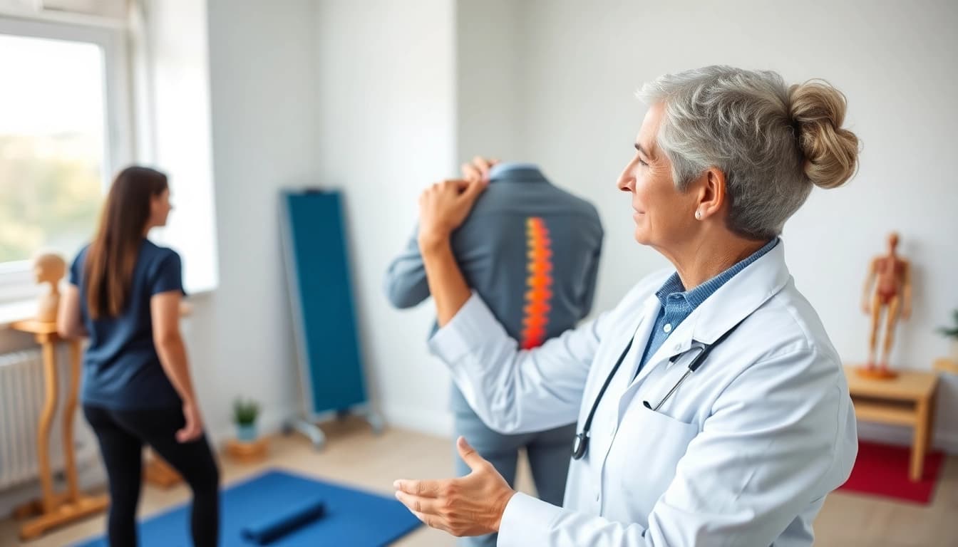 Illustration of lower back pain causes during a physiotherapy consultation session.