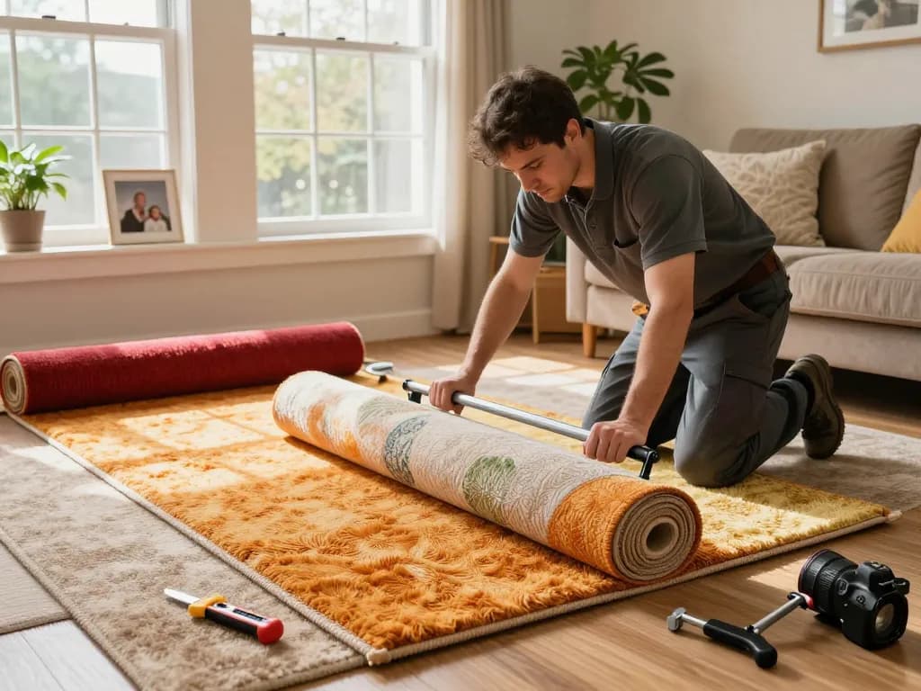 Home carpet fitting services in progress with professional installer in a cozy living room.