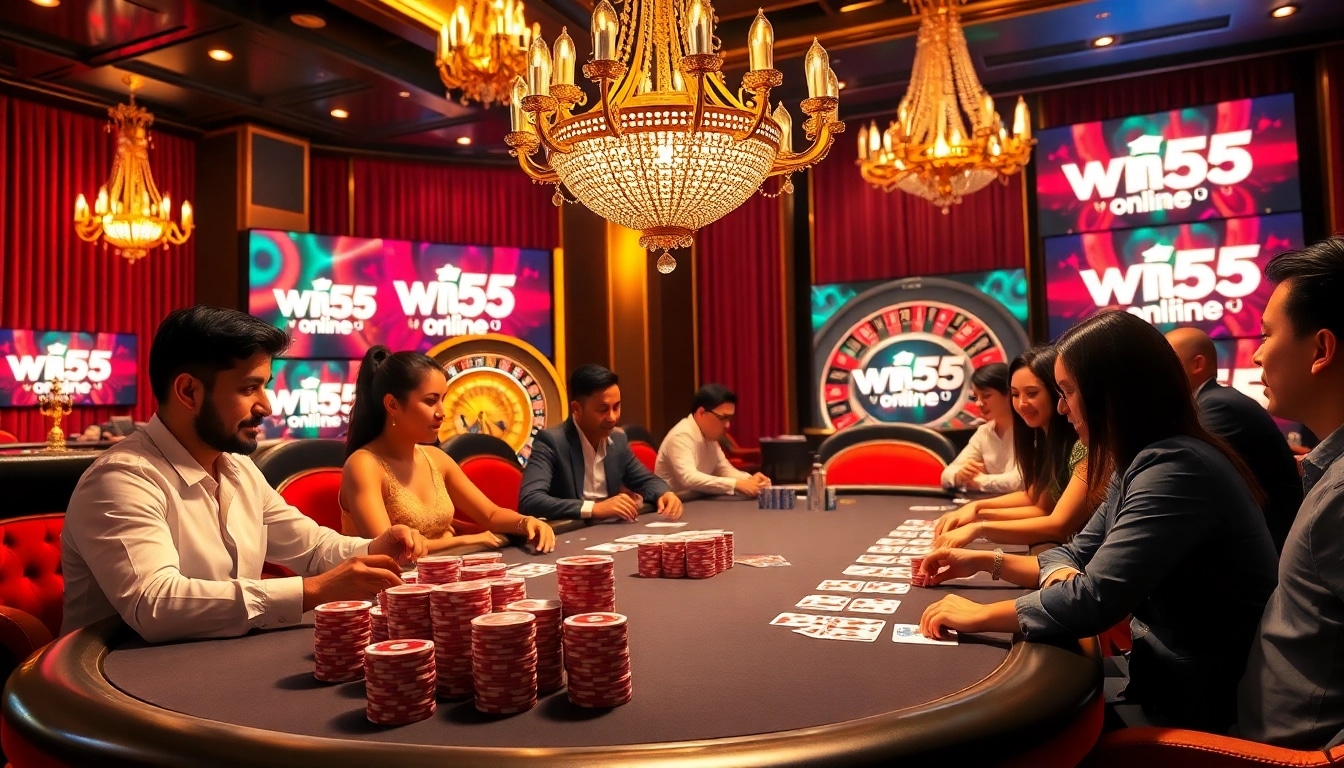 Players enjoying high-stakes games at win55 online casino with vibrant tables and exciting atmosphere.