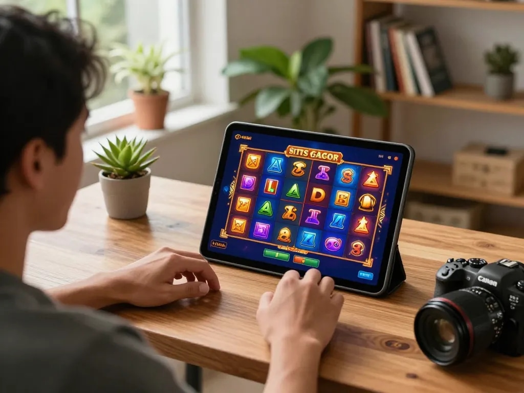 Engaging player enjoying situs slot gacor on tablet, showcasing online gaming strategy and excitement