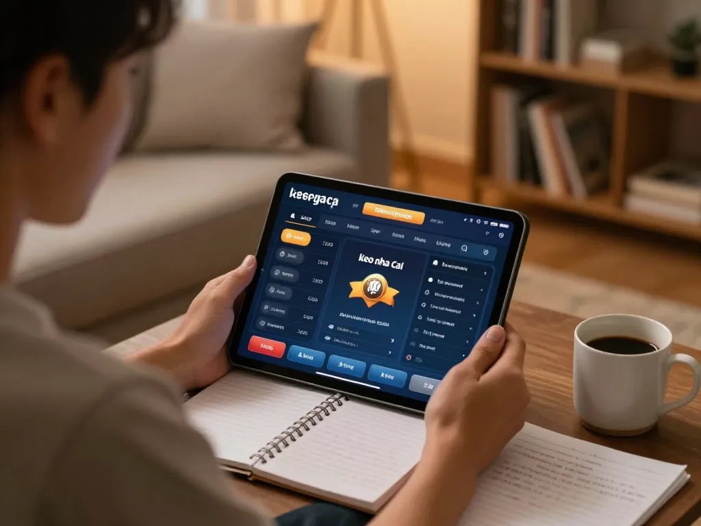 Engaged player analyzing keo nha cai betting strategies on a tablet in a cozy home setting.
