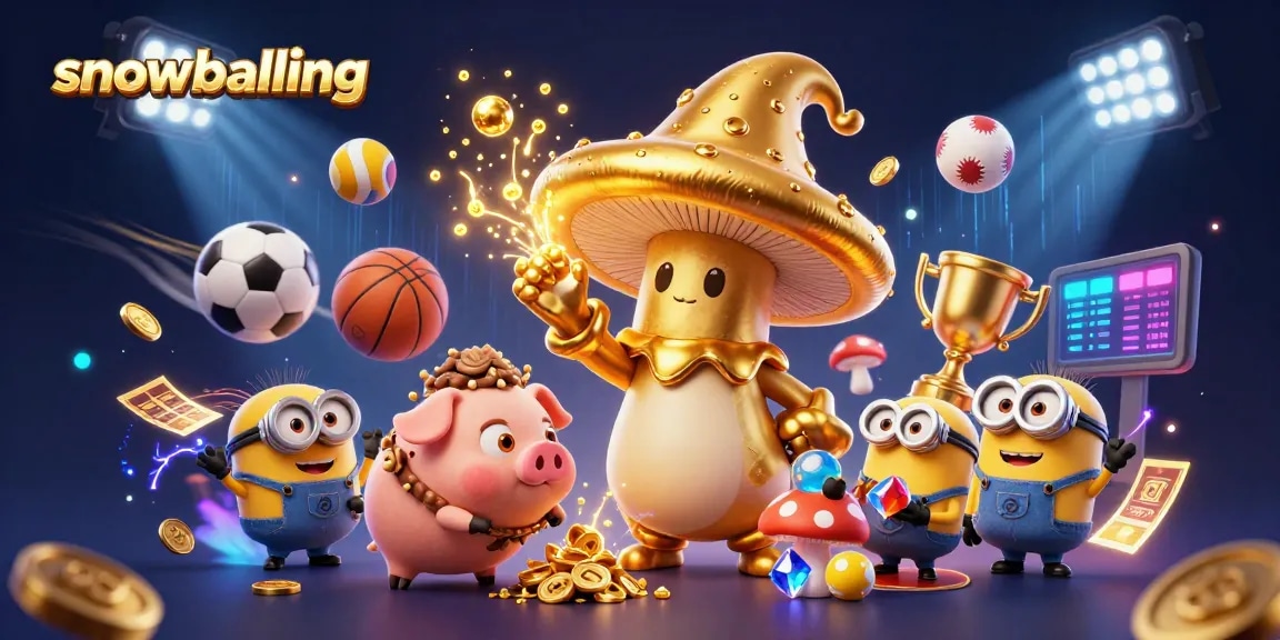 Snowballing scene with vibrant sports elements and a magical mushroom wizard casting gold spells.