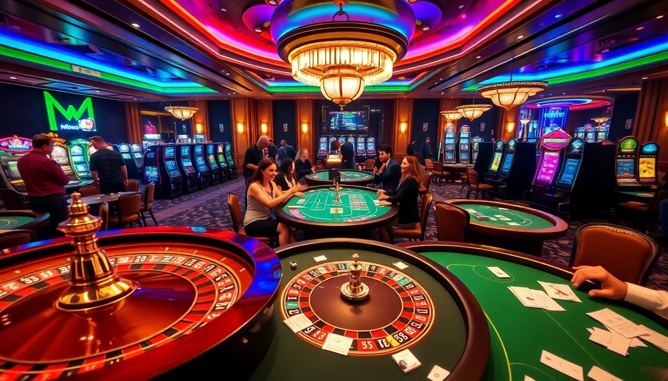 Players celebrating at a casino with the mm88 link prominently featured, showcasing excitement and success.