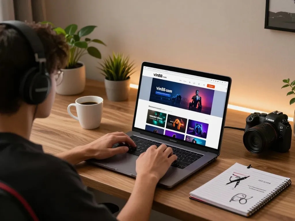 Player engaging with the vin88 com online casino interface on a stylish laptop in a cozy home setting.