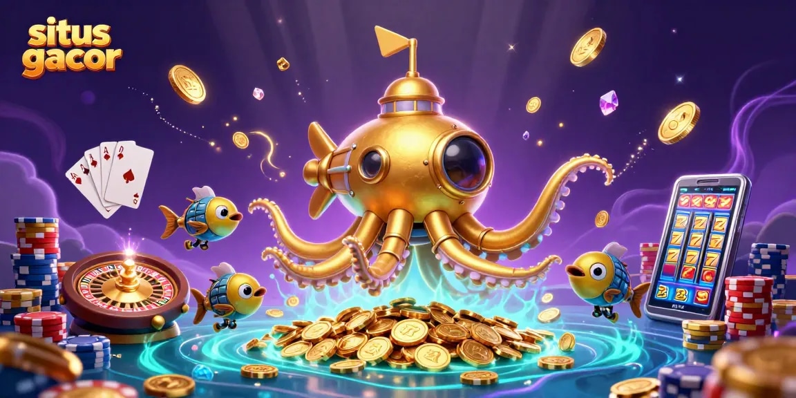 Experience situs gacor's thrill with a kraken submarine over coins, spinning roulette, and bursting gems.