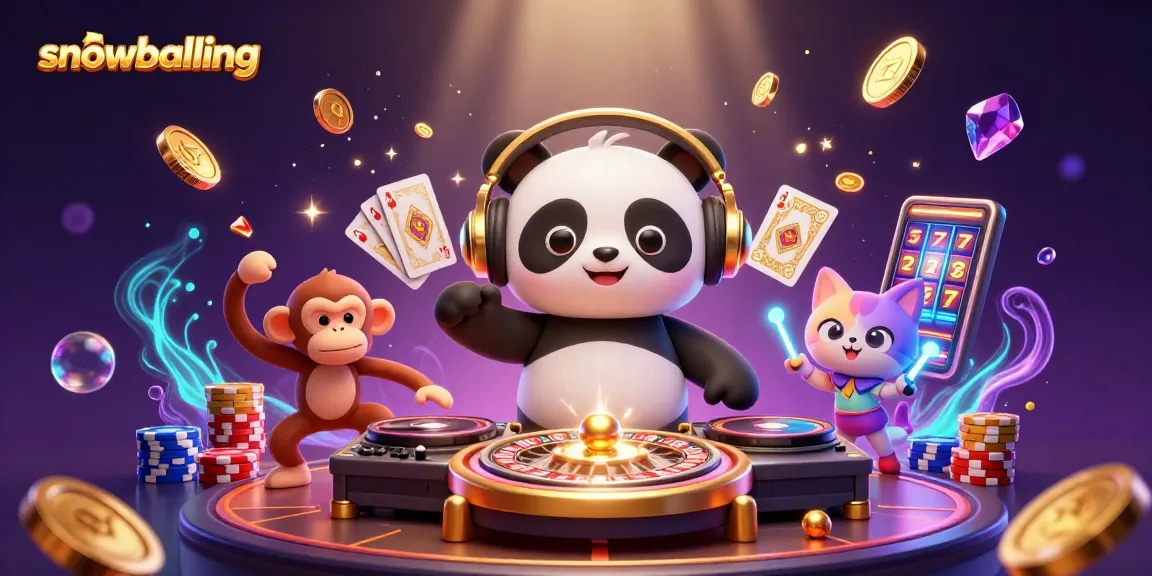 Engage in snowballing excitement with a DJ panda, dancing monkey, and kitten in a vibrant casino scene.