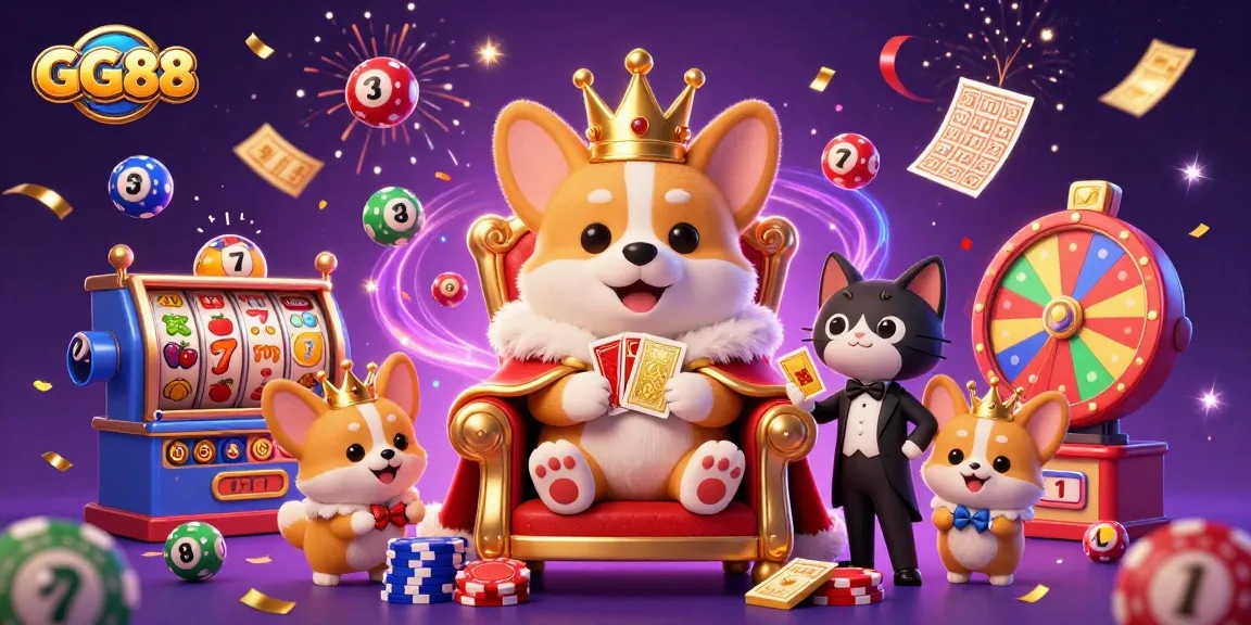 Experience winning moments with GG88 in this vibrant casino-themed 3D illustration featuring slots, cards, and playful characters.