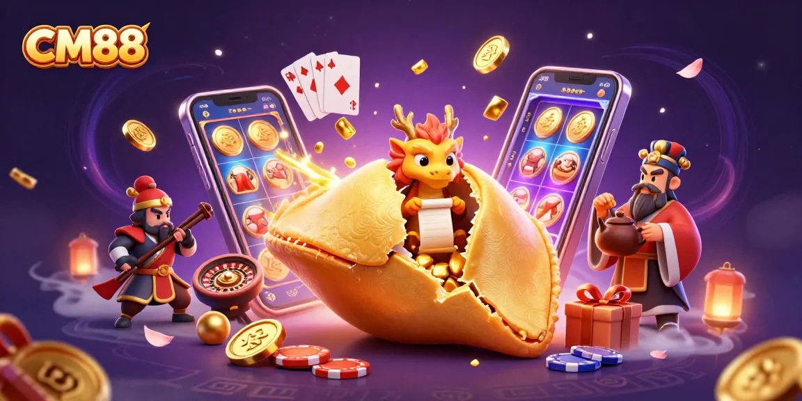Experience the thrill at CM88 with a vibrant 3D casino scene filled with fortune cookies and gaming elements.