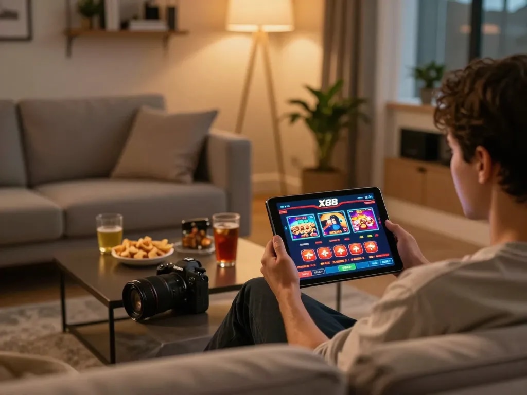 X88 user enjoying online casino gaming on tablet in cozy home setting with vibrant gameplay.