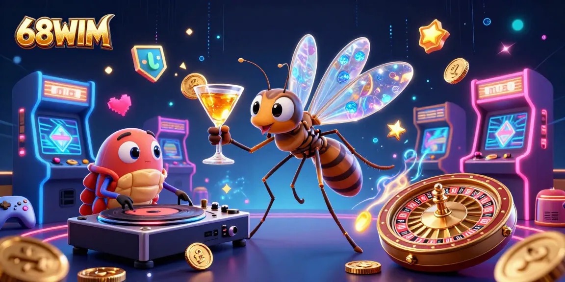 Engage with 68WIM's vibrant casino scene, featuring a frozen mosquito mascot, trilobite DJ, and gold roulette wheel.