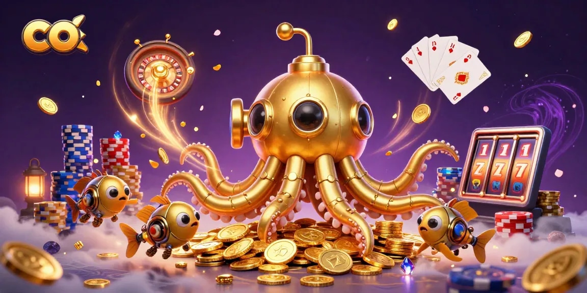 Experience the thrill at co with a golden kraken submarine amidst casino treasures.