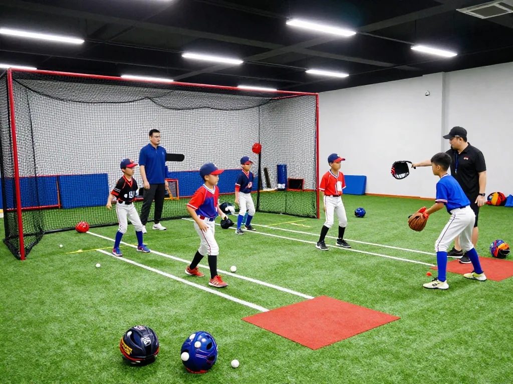 Young athletes practicing at hitclub baseball training facility