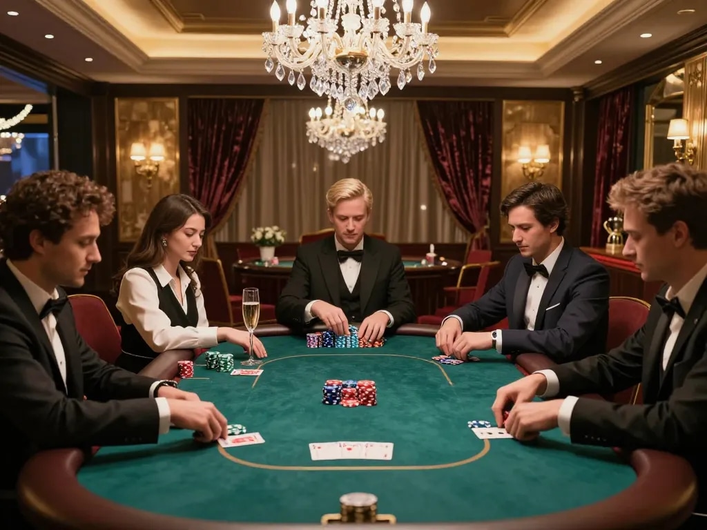 Players enjoying a high-stakes poker game in a luxurious VIP area, showcasing sophisticated gameplay with 7m chips and cards.