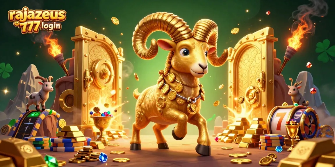 Experience the excitement of rajazeus 777 login with a vibrant 3D illustration of golden slots and treasures.