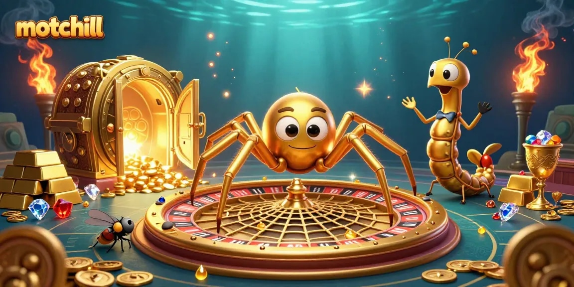 Spin the roulette wheel with motchill, featuring a golden spider and playful designer elements.