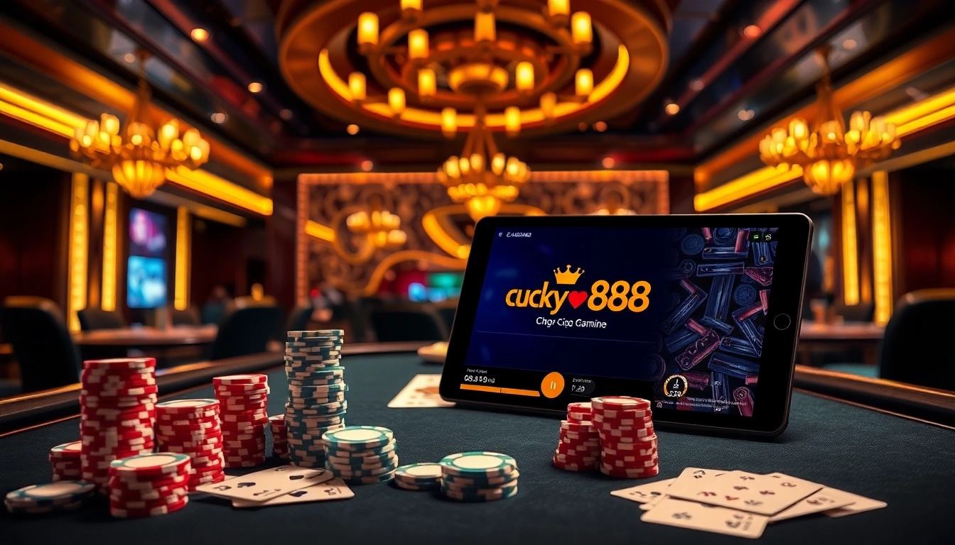 Cổng game Lucky88 promotes excitement at a luxurious poker table surrounded by casino decor.