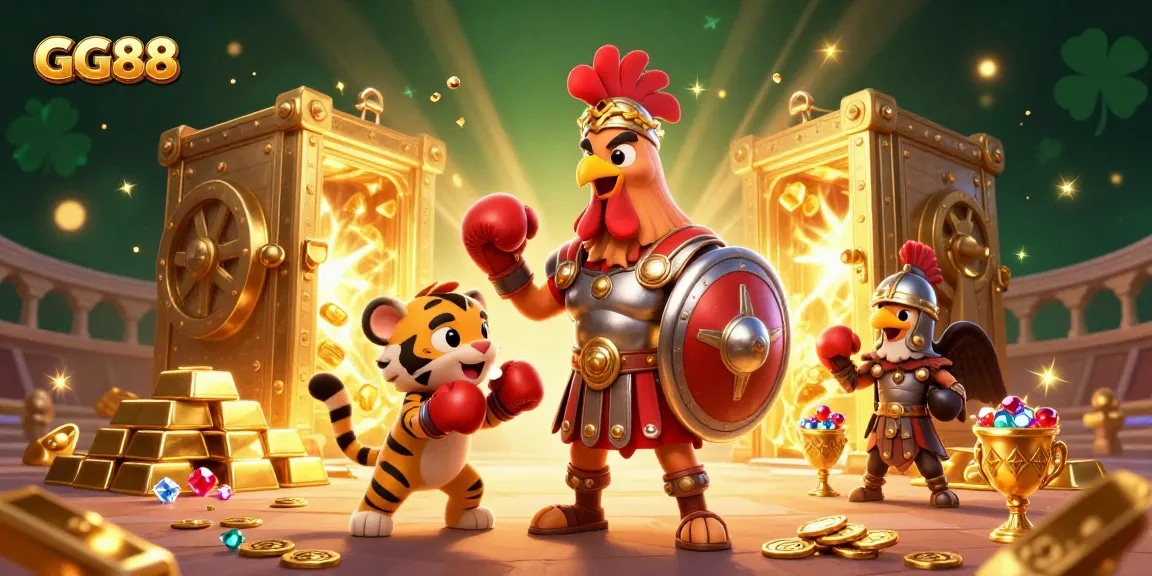 Experience the excitement of GG88 with a vibrant casino illustration depicting a rooster hero and treasures.