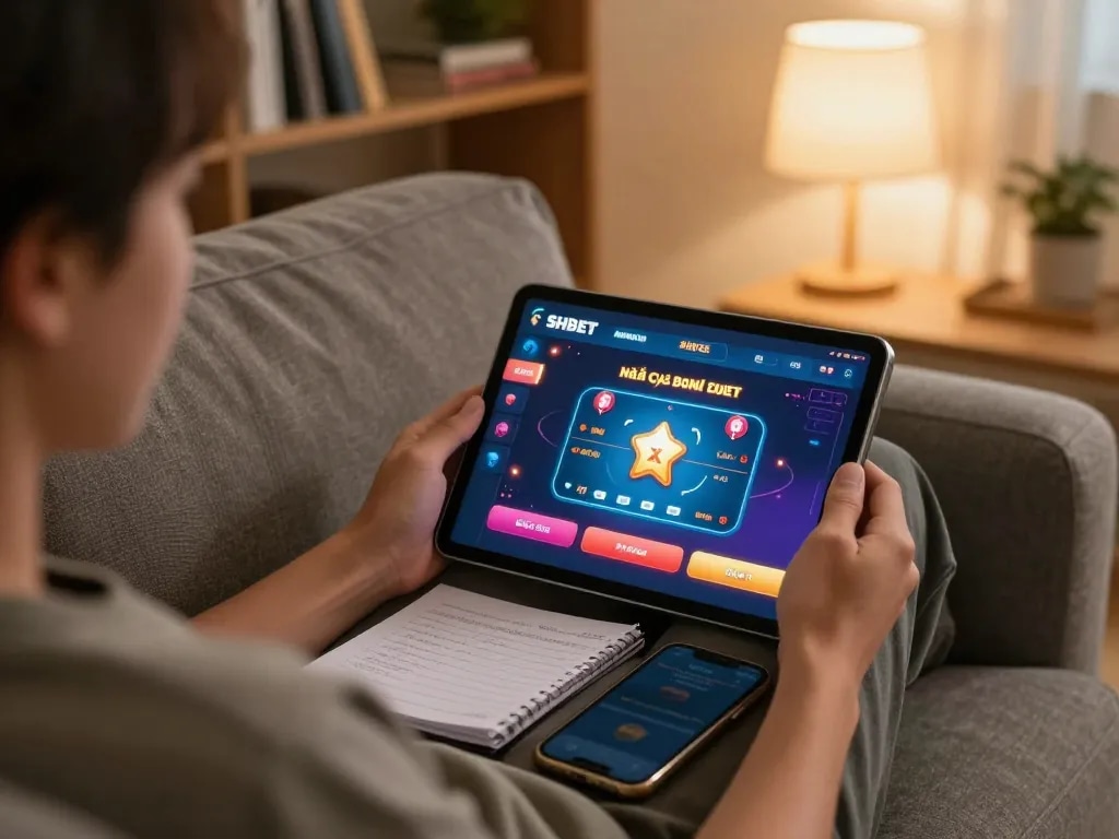 Engaging in online poker with Nhà cái SHBET on a tablet in a cozy home setting