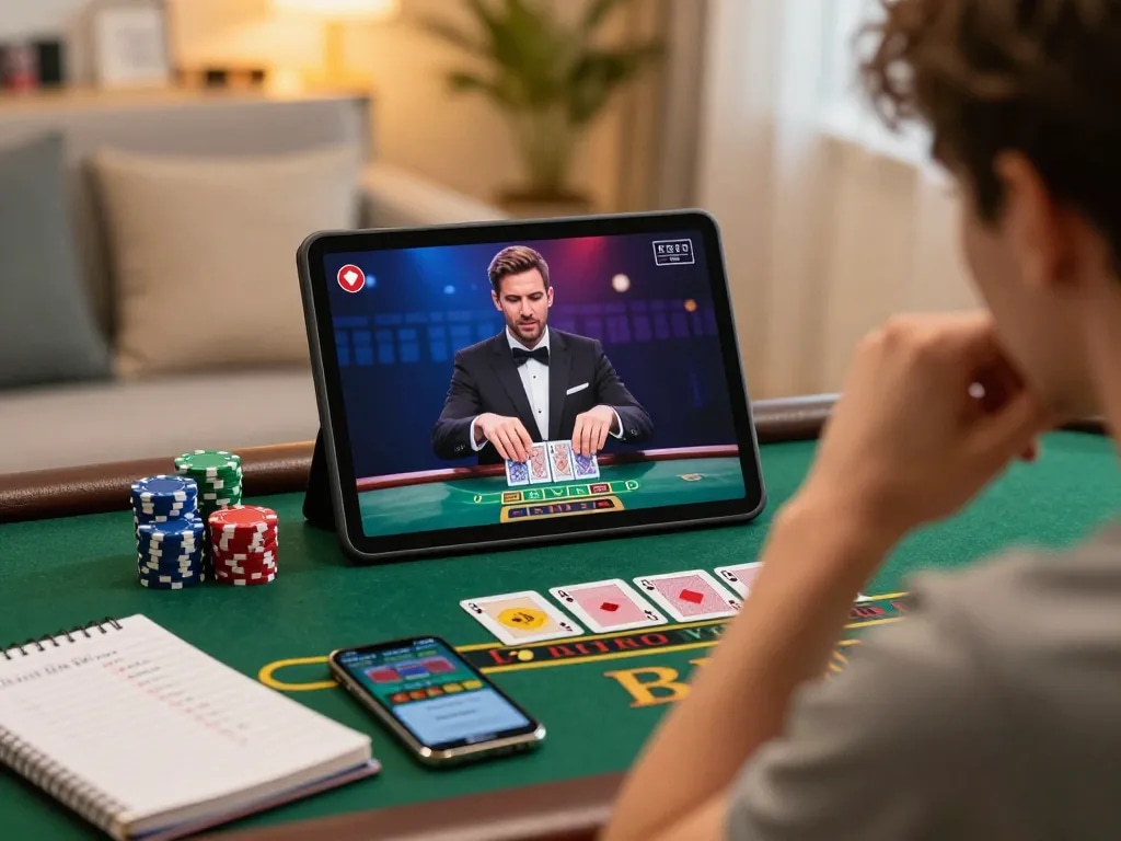Engaged player strategizing in a live dealer game on 13win site at home, showcasing personalized gaming atmosphere.