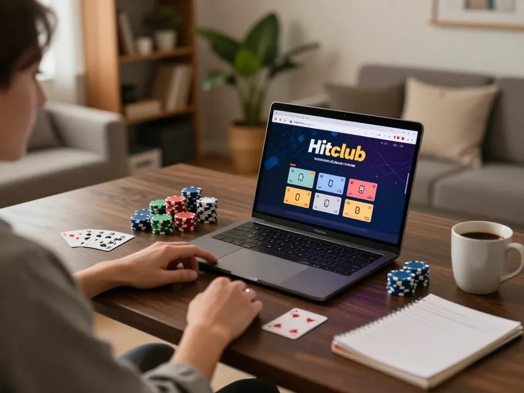 Engaging in online gaming at Hitclub on a laptop, showcasing chips and cards in a cozy home setup.