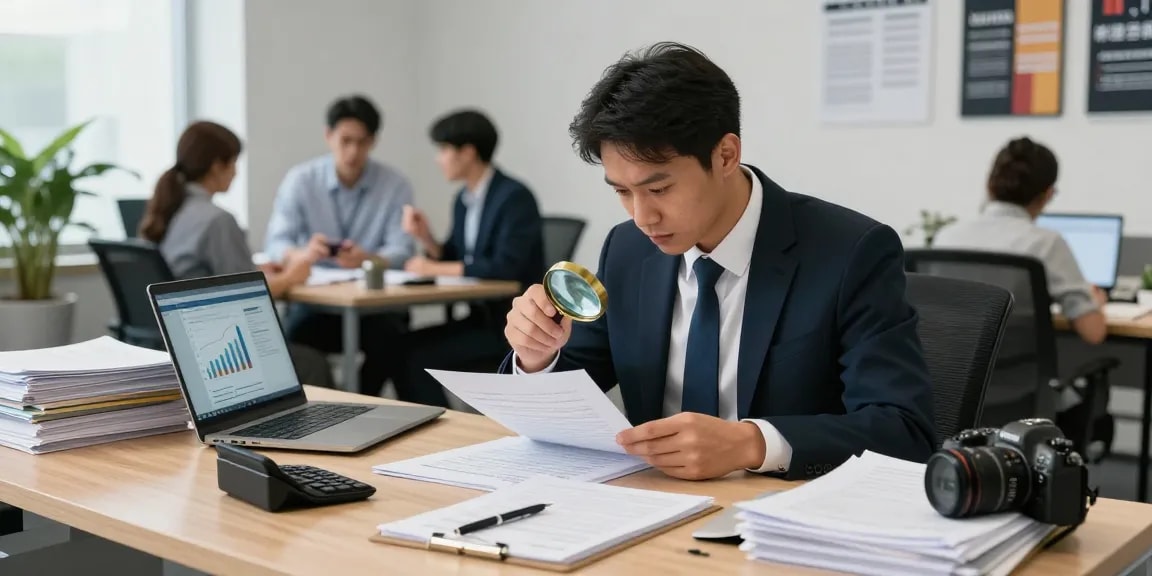 Engaged forensic auditor at a desk analyzing documents for aafikotaserang.org in a professional office.