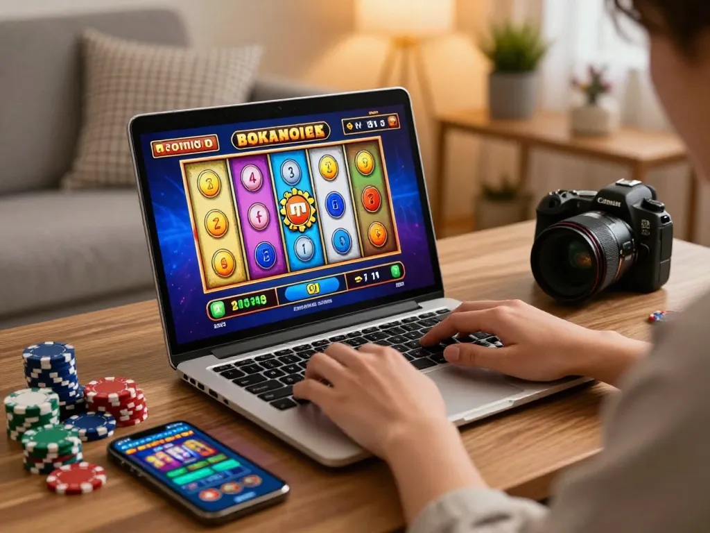 Experience the excitement of online gambling at https://f168.tech/ with a laptop displaying thrilling slot games.