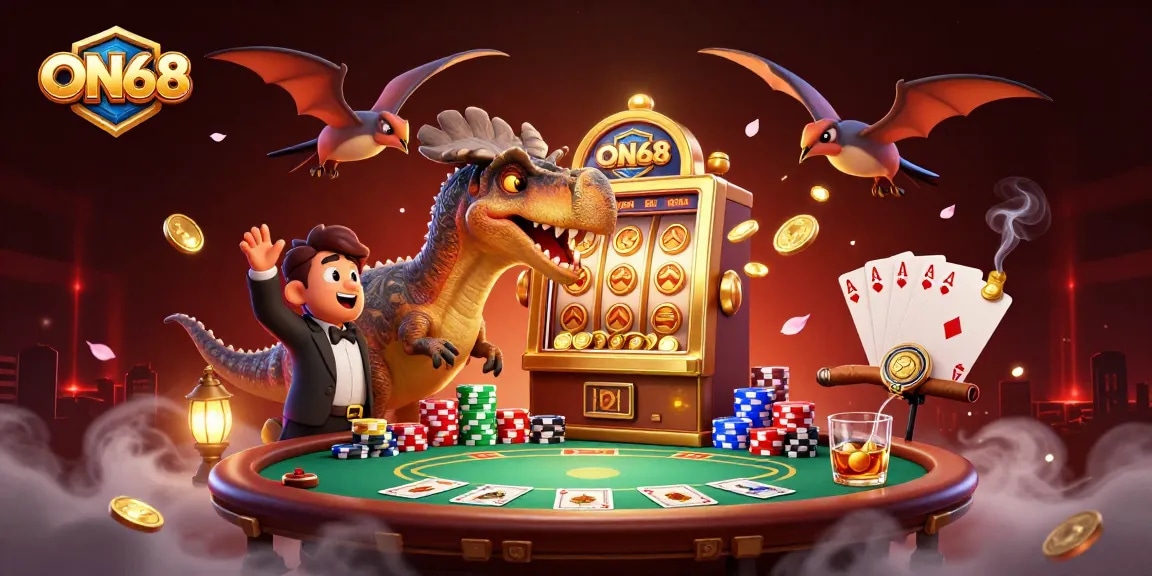 Experience the excitement of ON68 as a pachycephalosaurus hits a jackpot with flying coins in a vibrant casino scene.