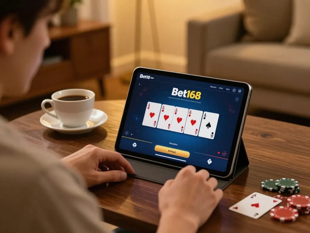 Engaged user enjoying Bet168 online poker game on tablet in warm, inviting home setup.