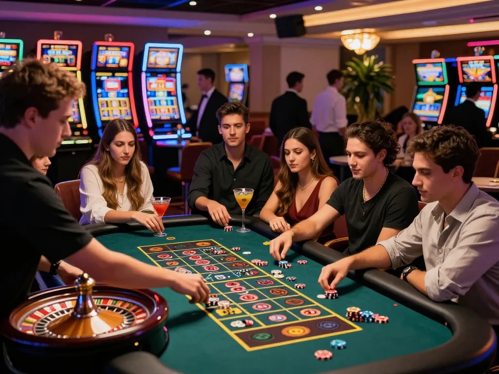 Dynamic casino scene showcasing diverse group engaged in roulette at https://rikbet.in.net/ with vibrant atmosphere and energy.