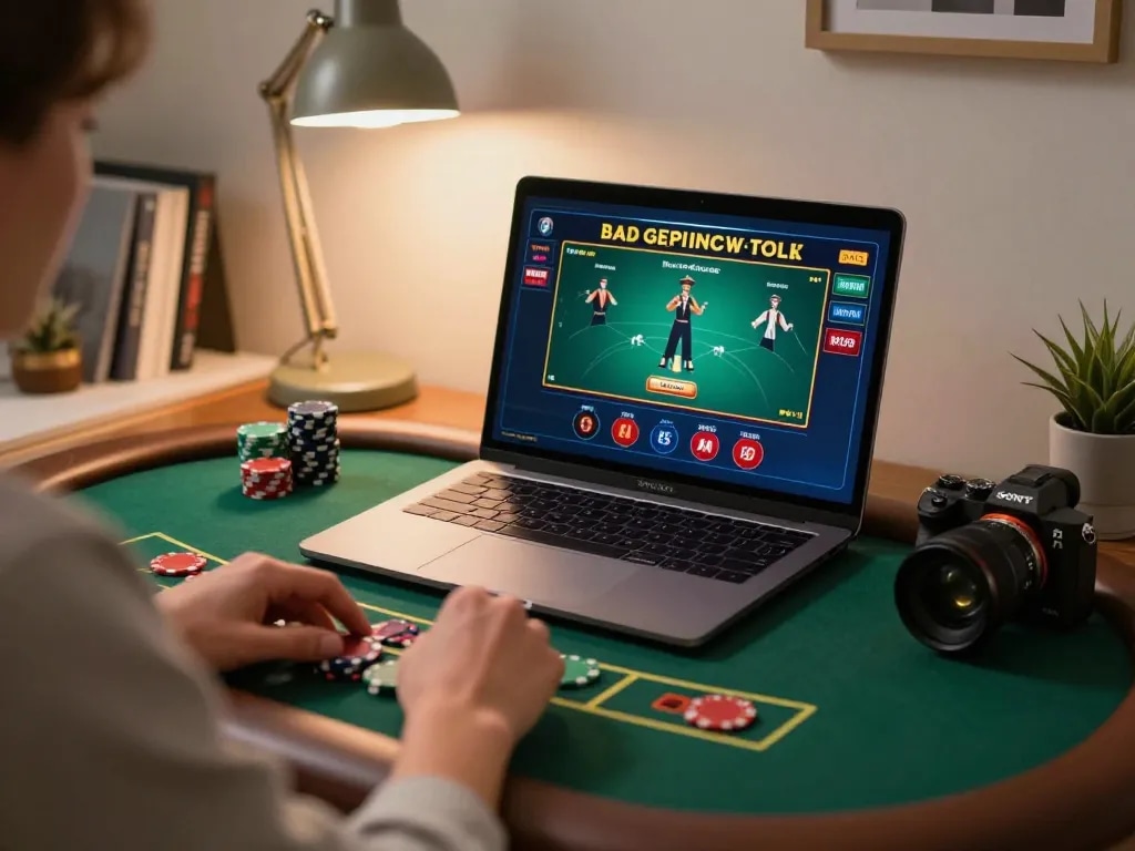 Player engaging with sanclub online blackjack game on laptop in a cozy home office setup.
