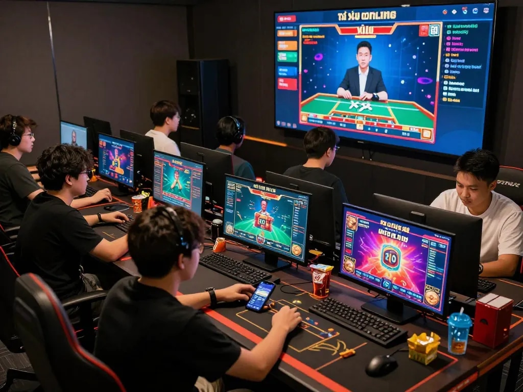 Exciting tài xỉu online gaming scene with players engaging on computers and devices, vibrant atmosphere.