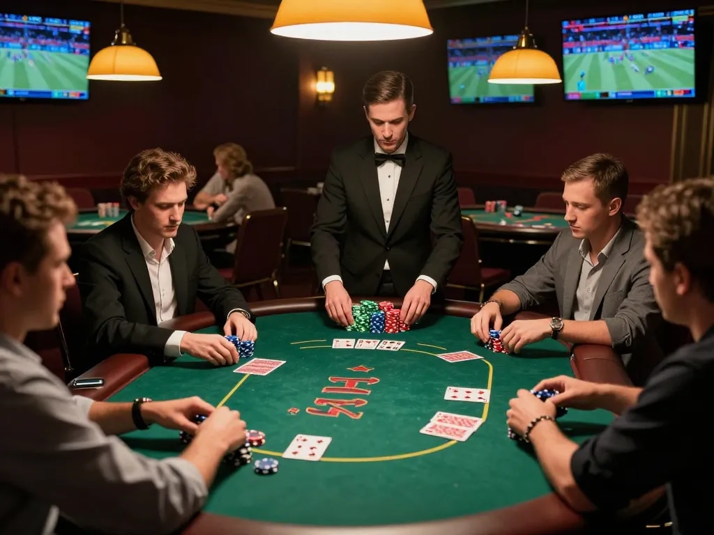 Players strategizing at the high-stakes poker table at https://mm88.green/ for an exciting casino experience.