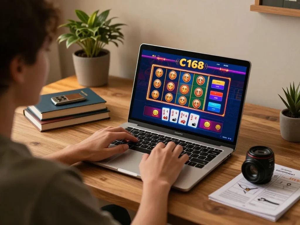 Engaging in C168 online casino gaming at home, showcasing vibrant game graphics and a relaxed atmosphere.