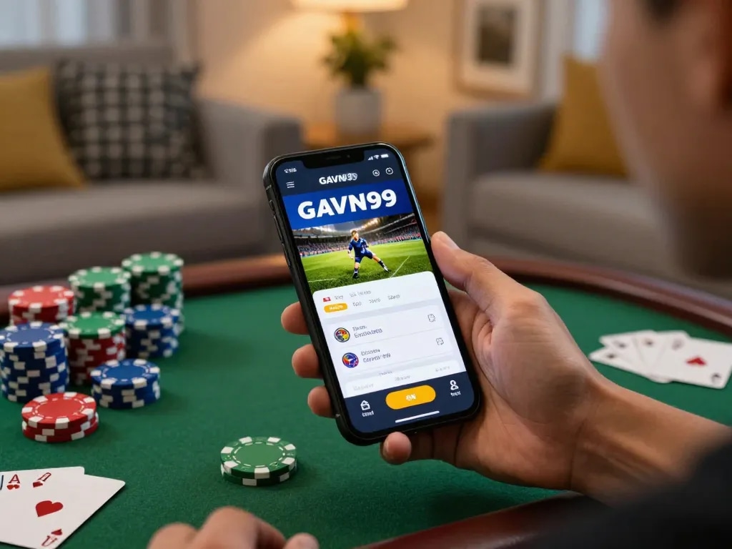 Engage with GAVN99 app in a cozy setting, showcasing online betting excitement with gaming elements.
