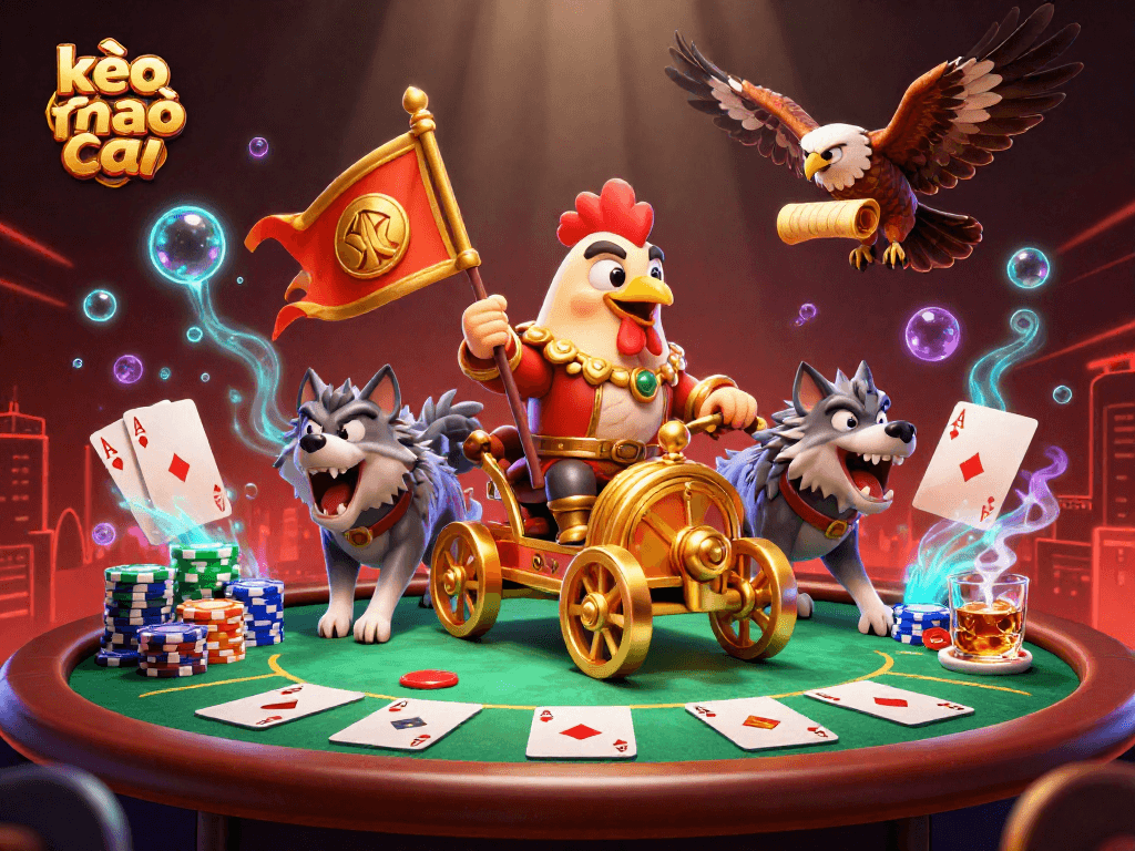 Engage with kèo nhà cái through a vibrant scene of gambling action featuring a rooster warlord and poker elements.