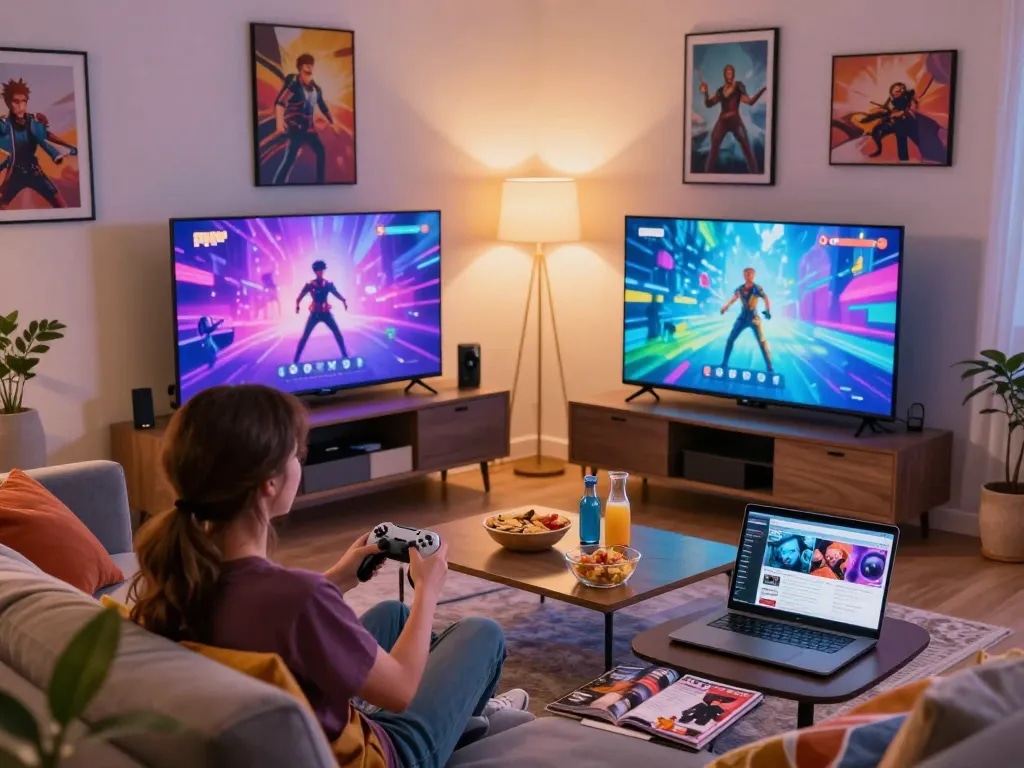 Couple enjoying a porn game together in a vibrant living room, gaming atmosphere