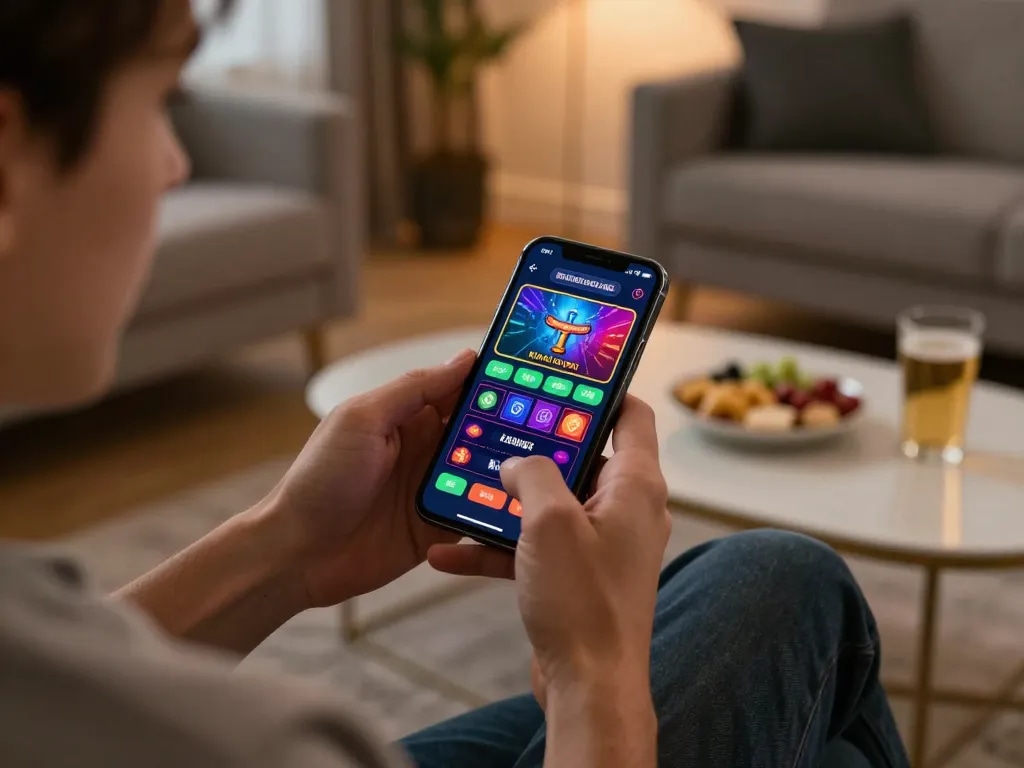 Placing bets through daftar sungaitoto on a smartphone in a cozy home setting