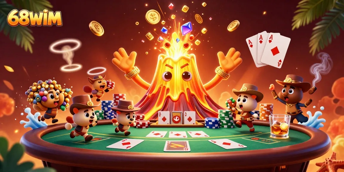 Engage in thrilling adventures with 68WIM's vibrant jackpot scene featuring a golden volcano and poker elements.