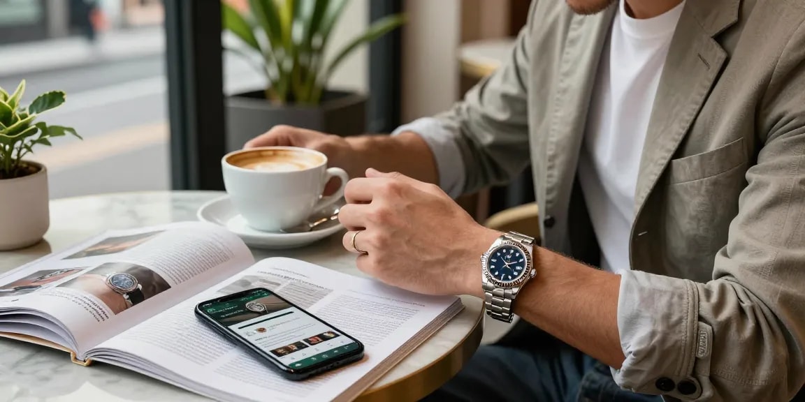 Person admiring a rolex replica watch in a stylish café setting, showcasing elegance and luxury.