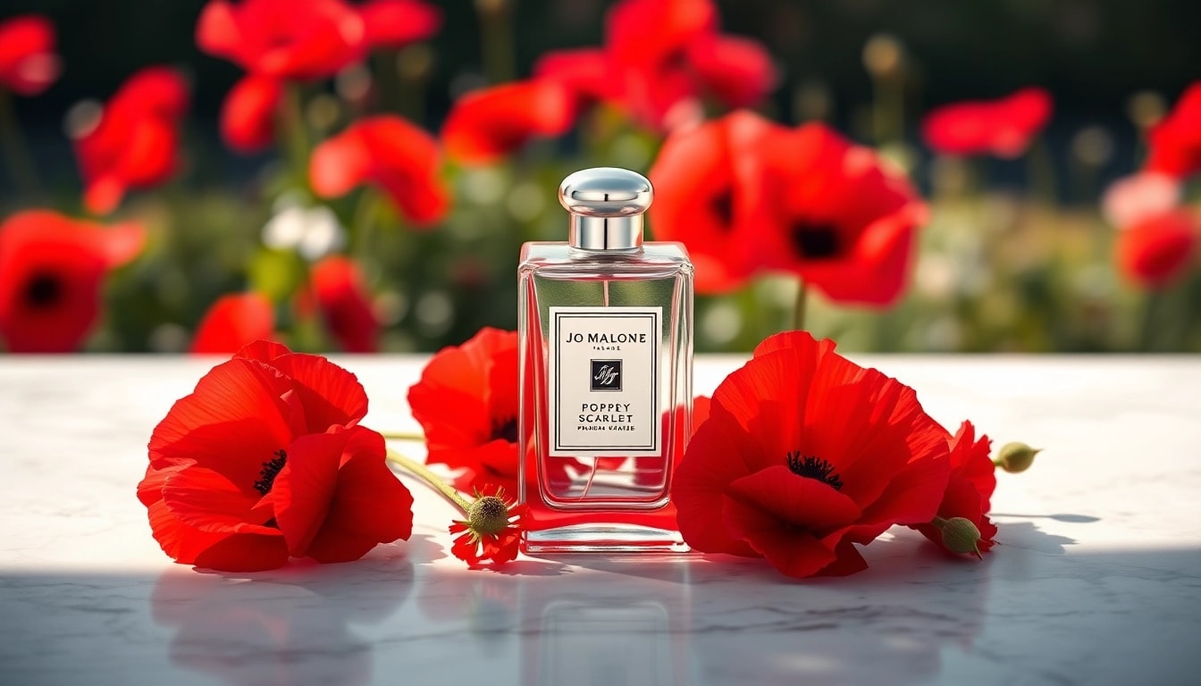 Showcasing Jo malone Poppy scarlet fragrance bottle surrounded by lush red poppy flowers.