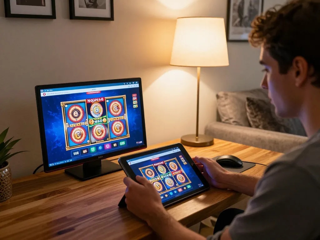 Ngonclub player engaging with online casino slots on a tablet in a cozy living room setting