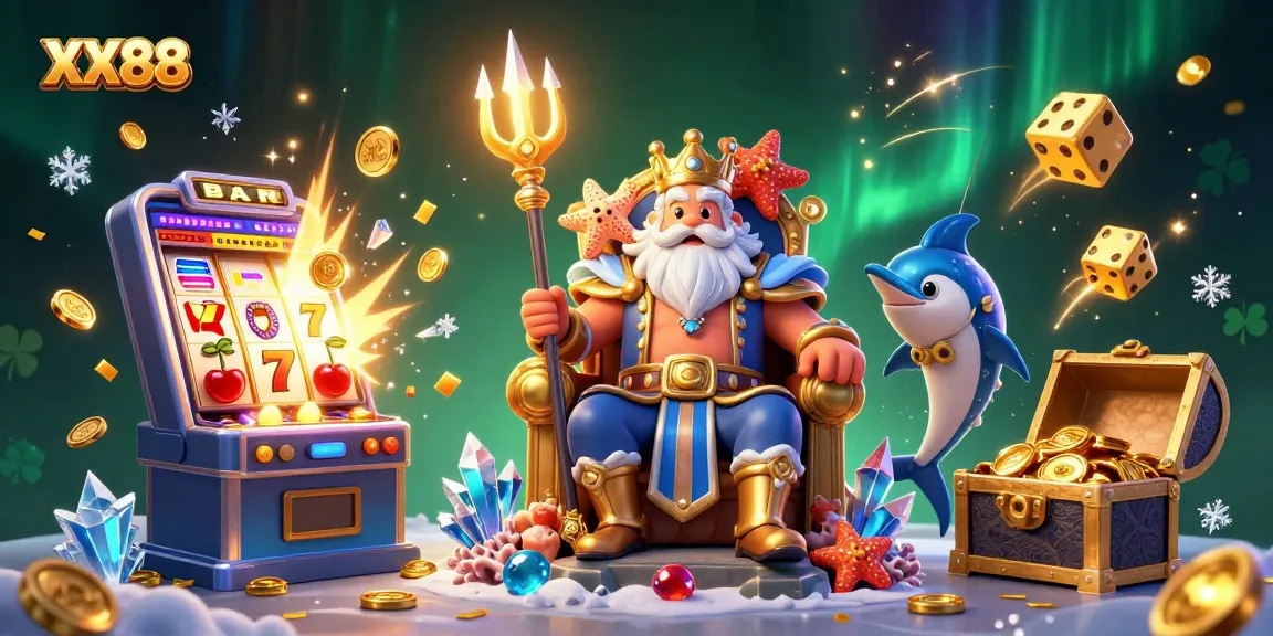 Experience thrilling jackpots at XX88's vibrant casino scene featuring Neptune and treasures.