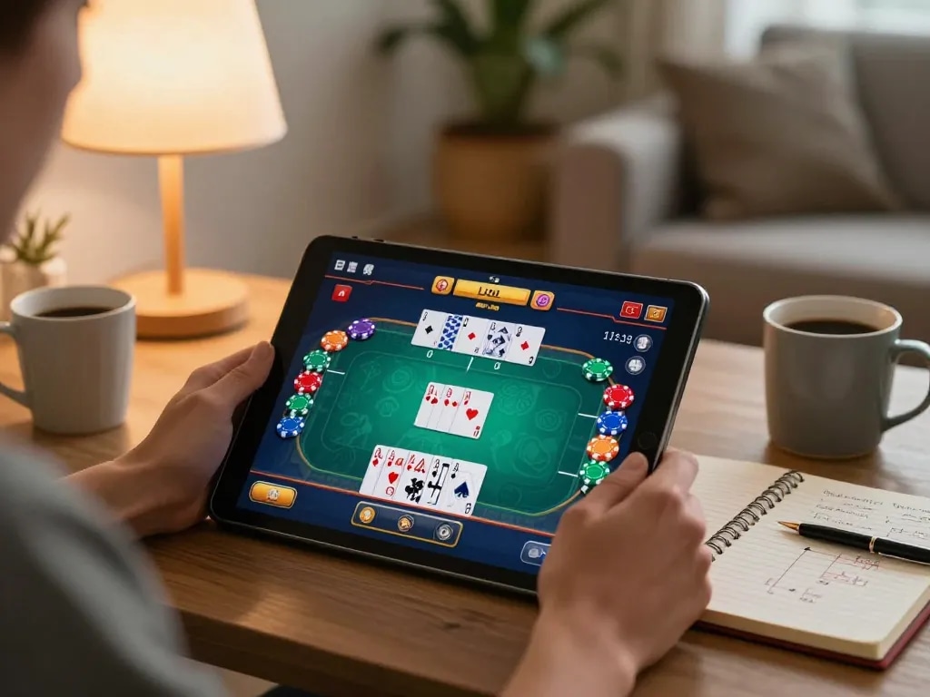 Engaged player strategizing on poker gameplay with 888vnd in a cozy home setting