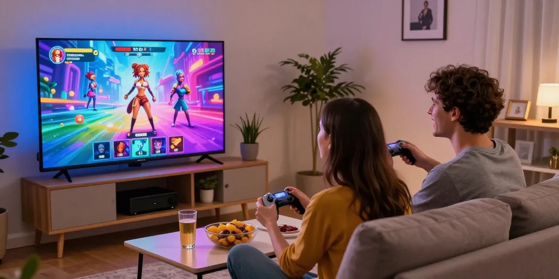 Couple enjoying interactive porn games HTML experience on their TV in cozy living room.